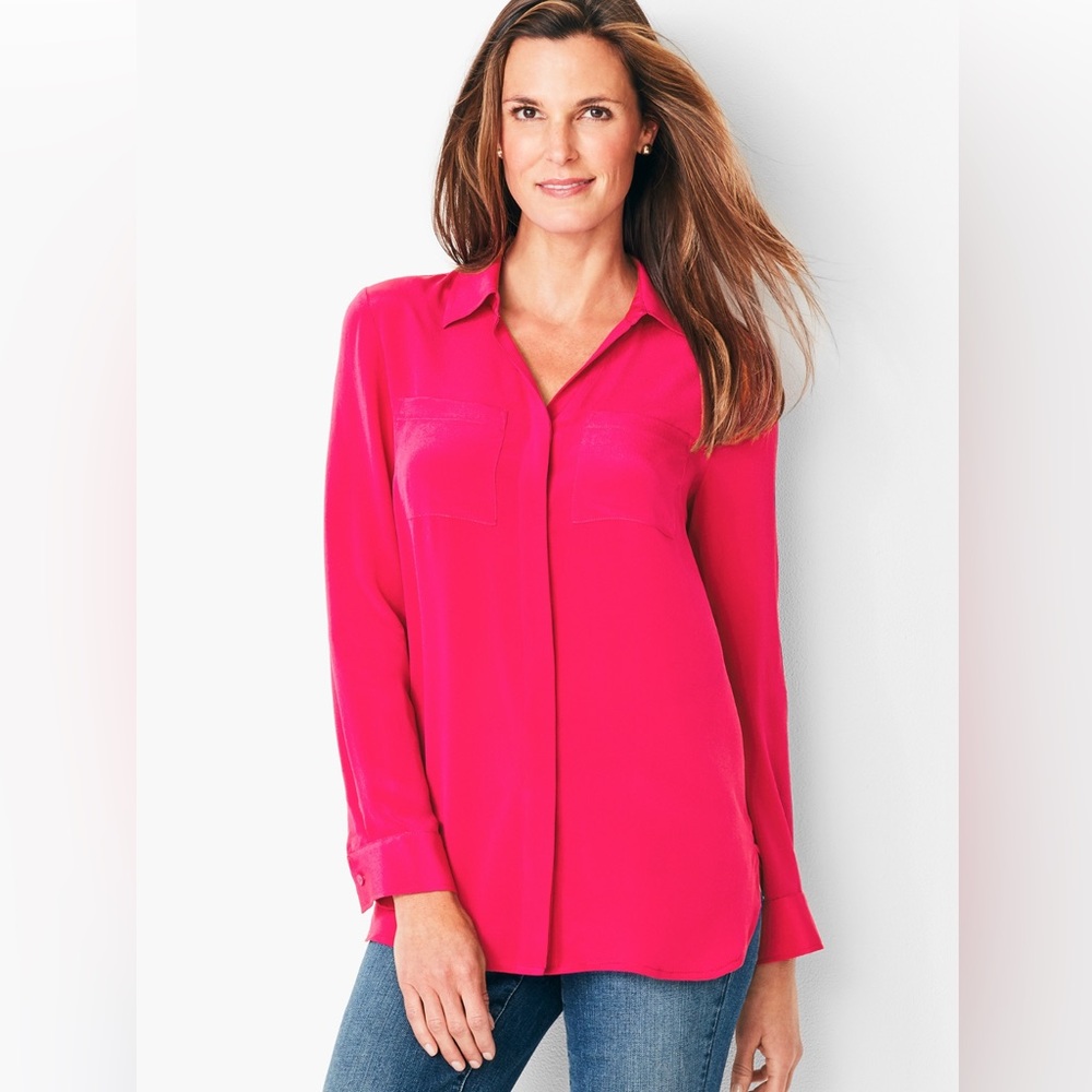 Talbots 100% Washable Silk Top Blouse Long Sleeve Button Down Size M Pink